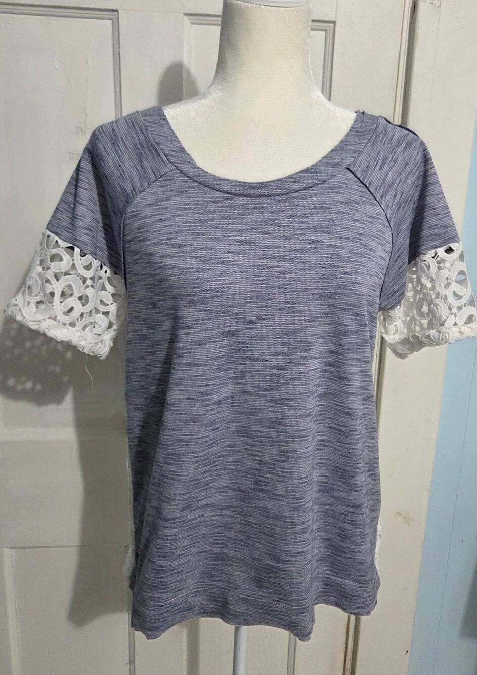 GREYLIN Grayish Blue Top Crochet Sleeves & Back Size M